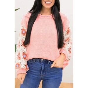 POL Pink Chenille Crocheted Granny Square Sleeve Sweater Large Boho Oversized